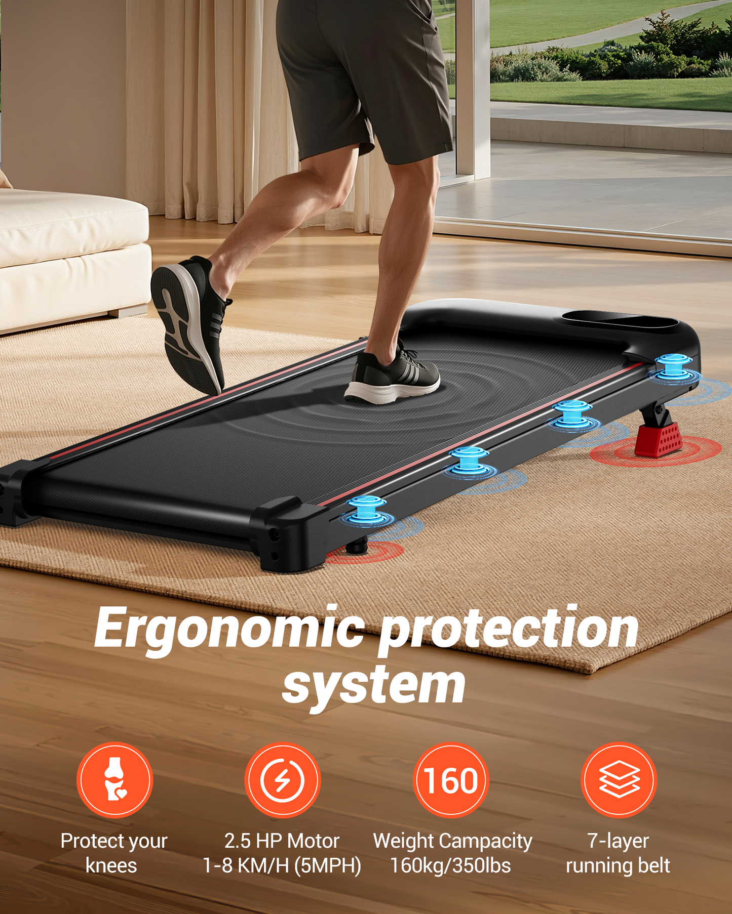 Person using a home treadmill with ergonomic protection system features displayed.