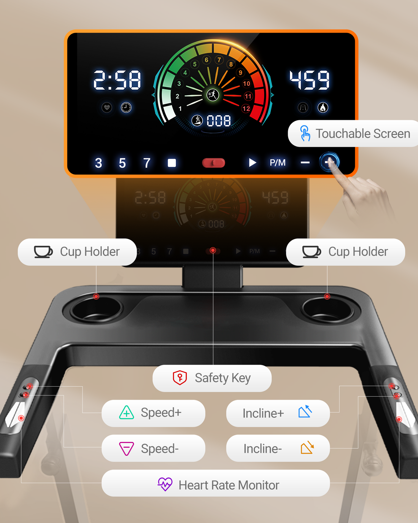 Digital treadmill console with various controls and indicators on a beige background