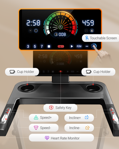 Digital treadmill console with various controls and indicators on a beige background