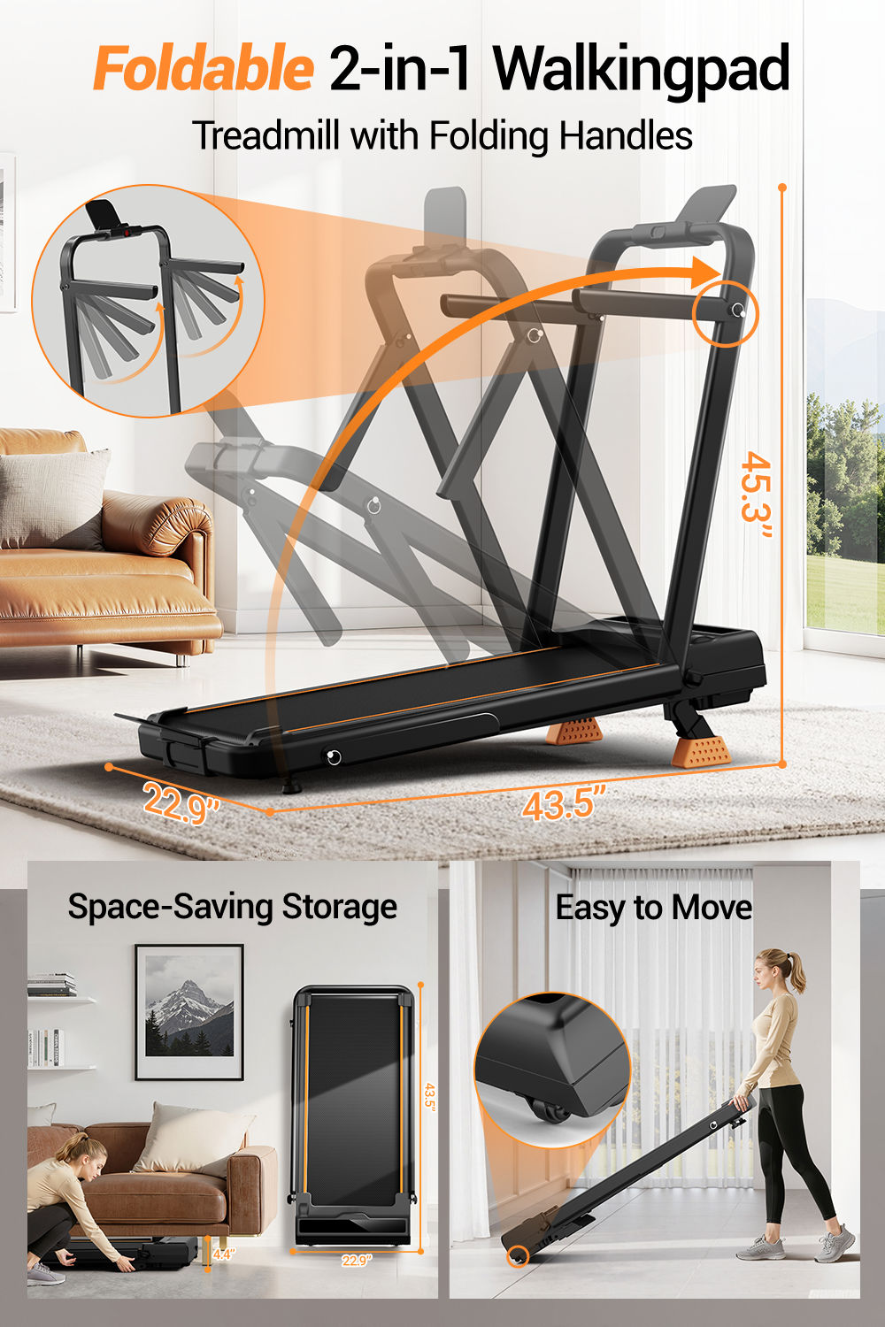 Foldable 2-in-1 walking pad treadmill with folding handles, space-saving storage, and easy movement features.