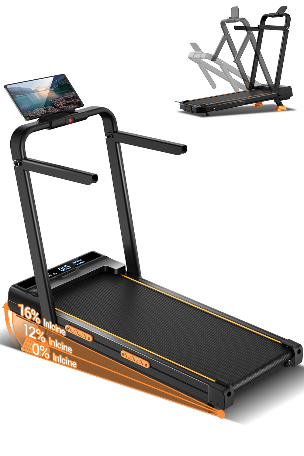 Foldable treadmill with digital display on a white background