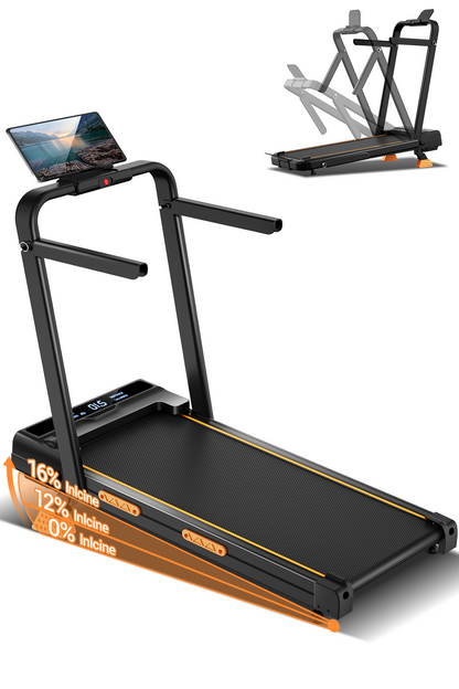 Foldable treadmill with digital display on a white background