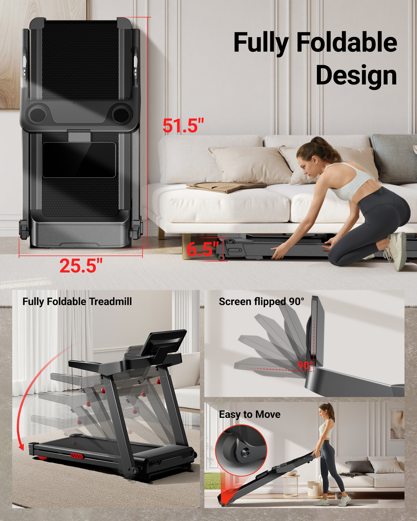 Foldable treadmill with dimensions and ease of movement features in a living room setting.