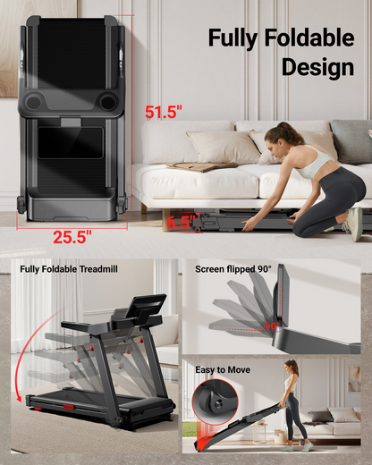 Foldable treadmill with dimensions and ease of movement features in a living room setting.