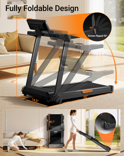 Foldable treadmill with measurements and usage scenarios in a home setting