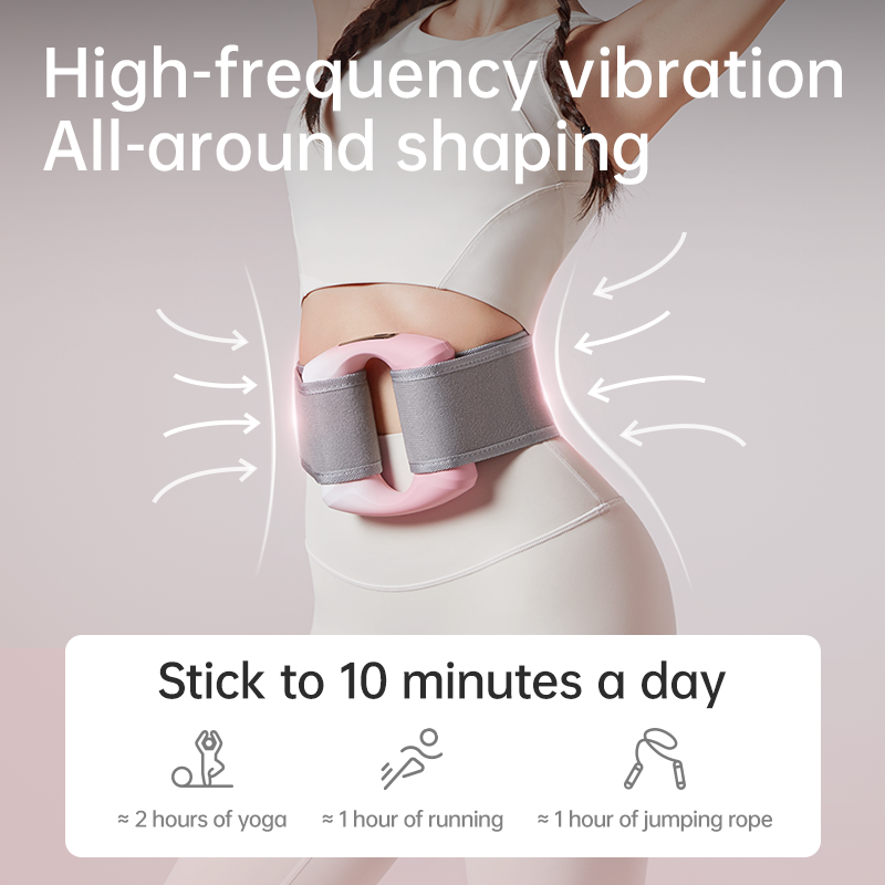 Person wearing a waist shaping device with text about high-frequency vibration and shaping benefits.
