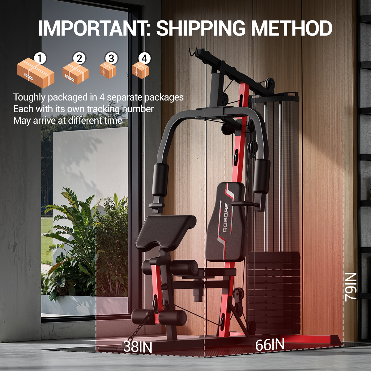 Gym bench with dimensions displayed, packaging information text overlay