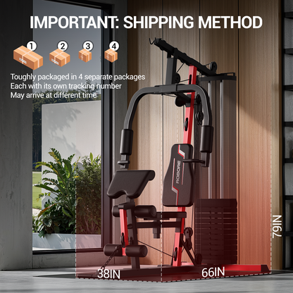 Gym bench with dimensions displayed, packaging information text overlay