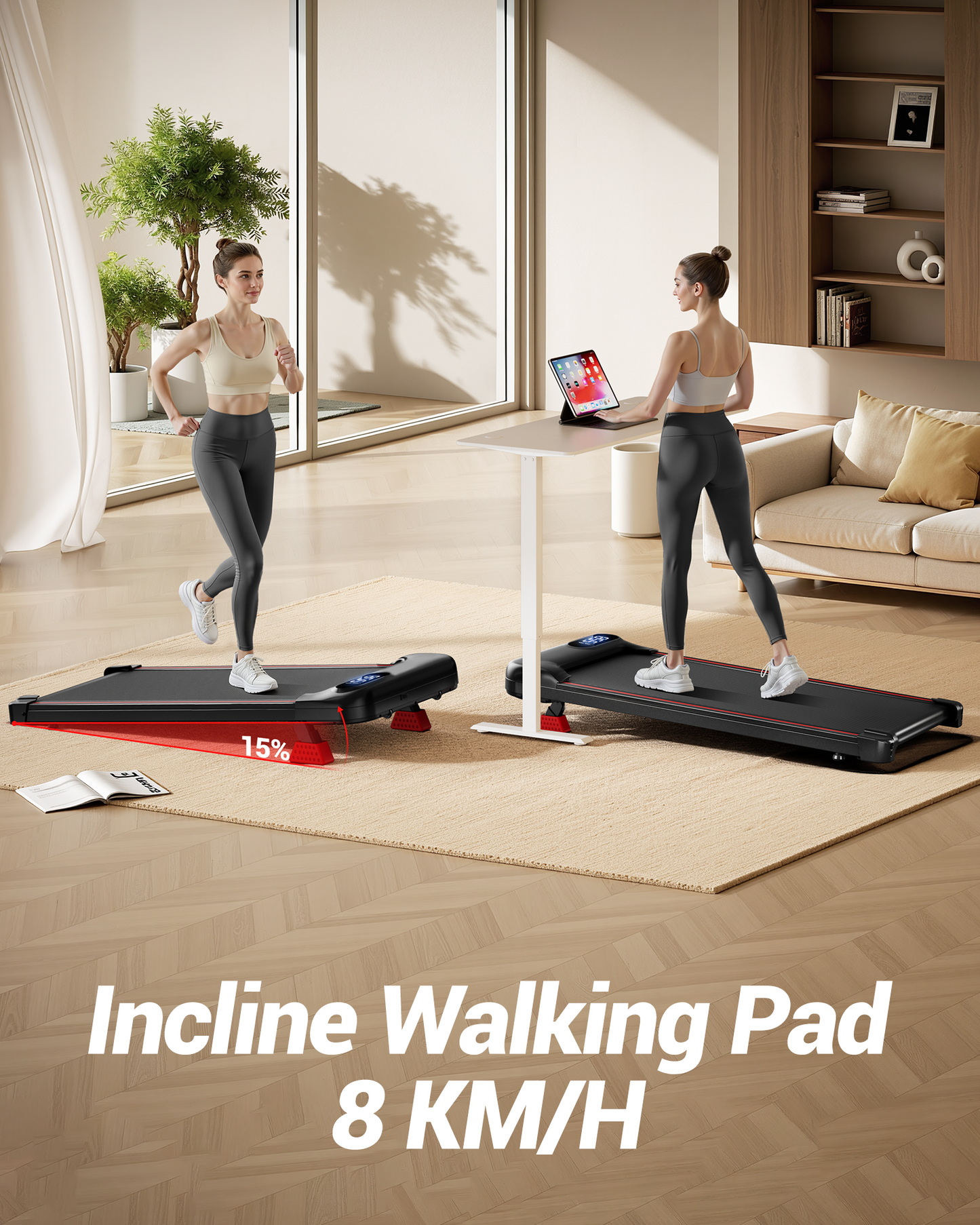 Woman using an incline walking pad in a modern living room.