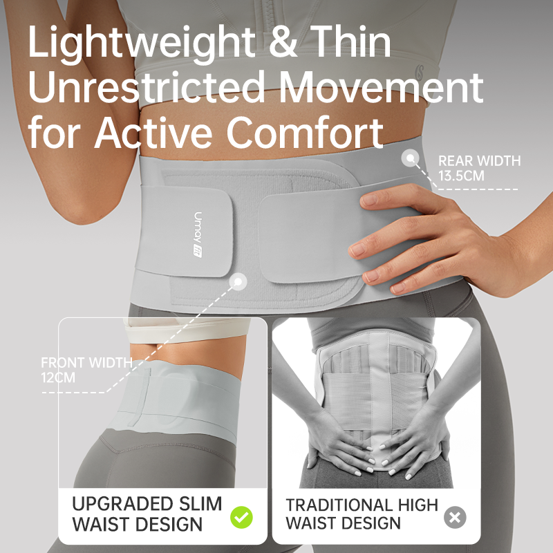 Gray waist trainer with text highlighting features on a gray background