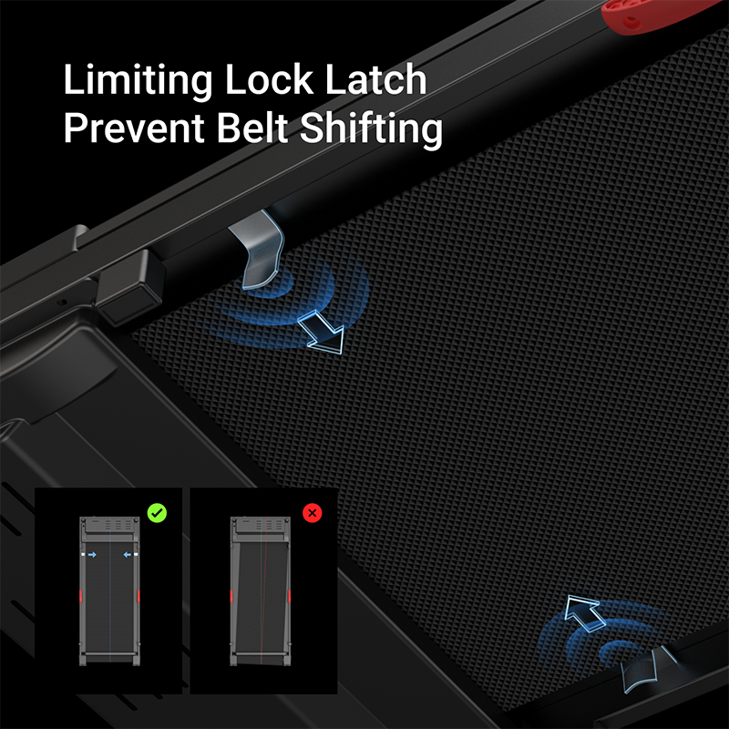 Illustration of a limiting lock latch preventing belt shifting on a mechanical system.