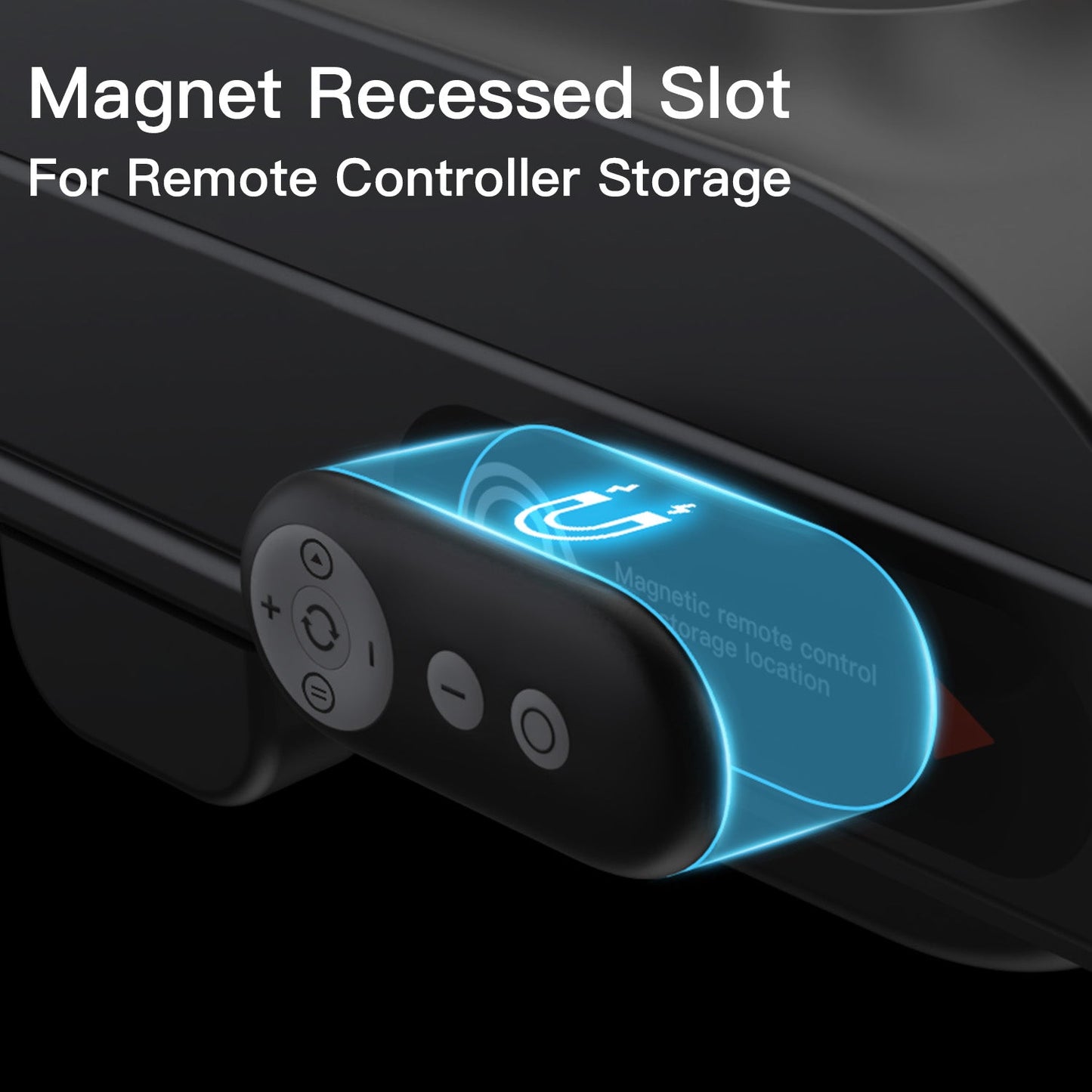 Magnet recessed slot for remote controller storage with glowing blue indicator on a dark background