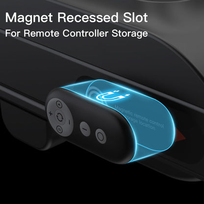 Magnet recessed slot for remote controller storage with glowing blue indicator on a dark background