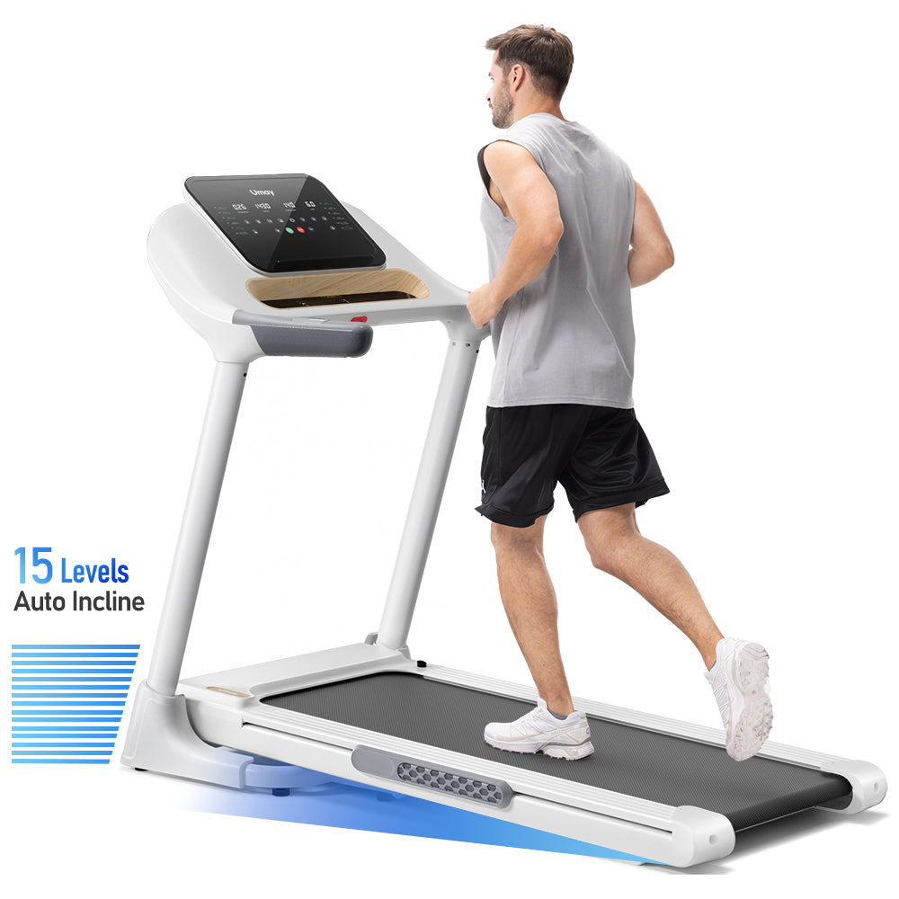 Man using a treadmill with 15 levels auto incline feature on a white background