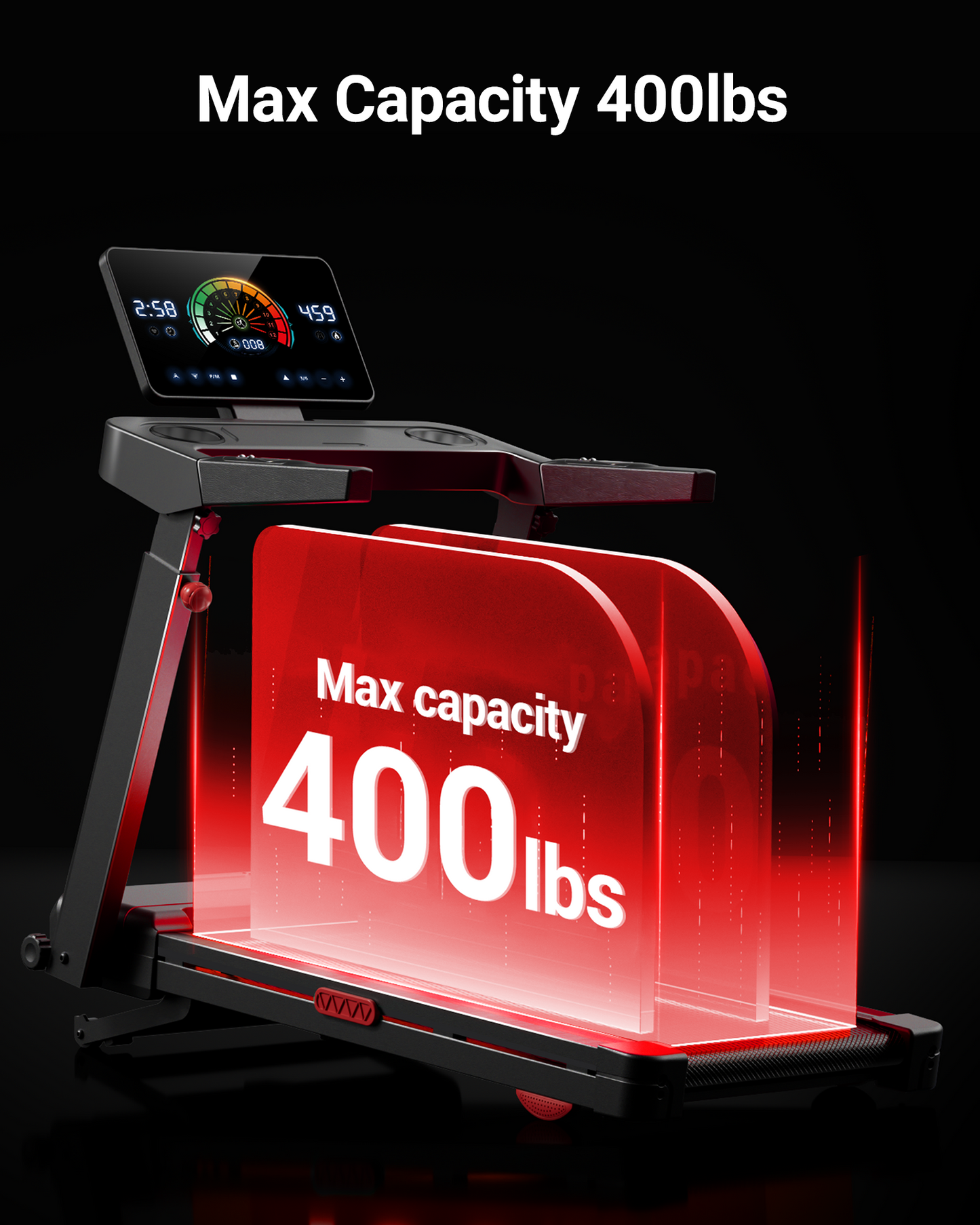 Fitness equipment with digital display and red platform indicating max capacity of 400 lbs on a black background.