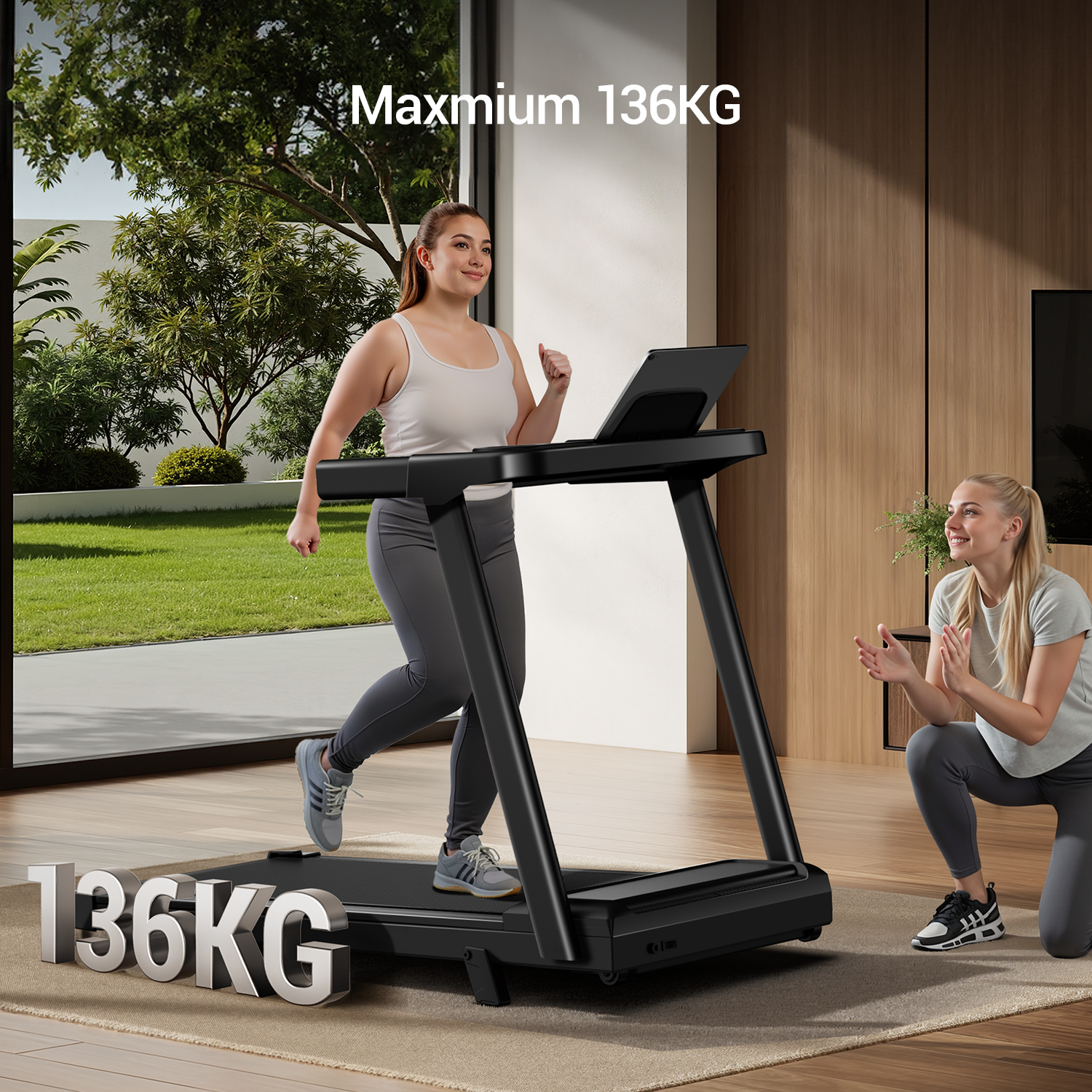 Woman using a treadmill with a maximum weight capacity of 136KG, in a home setting.