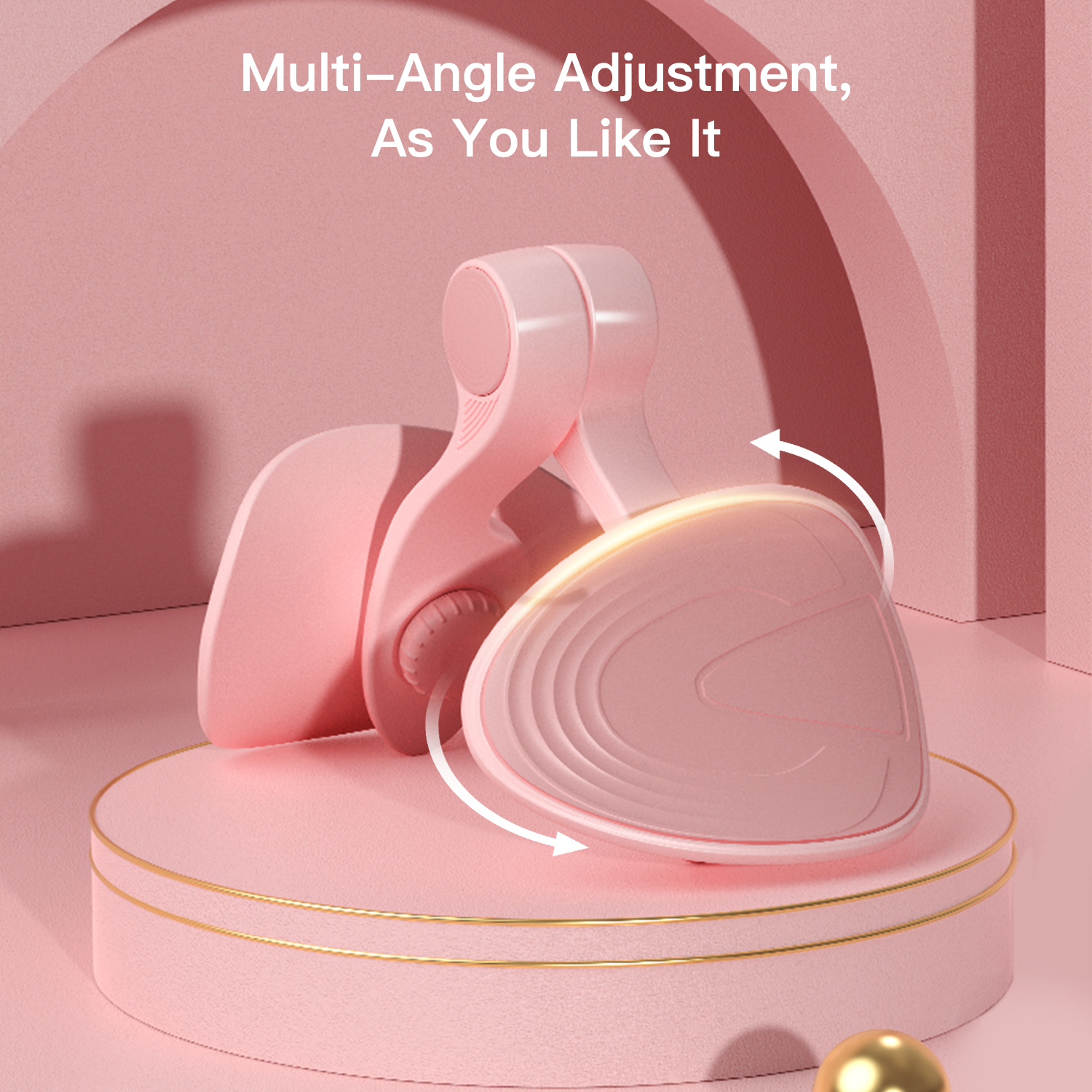 Pink earbuds with charging case on a pink platform, featuring text about multi-angle adjustment.