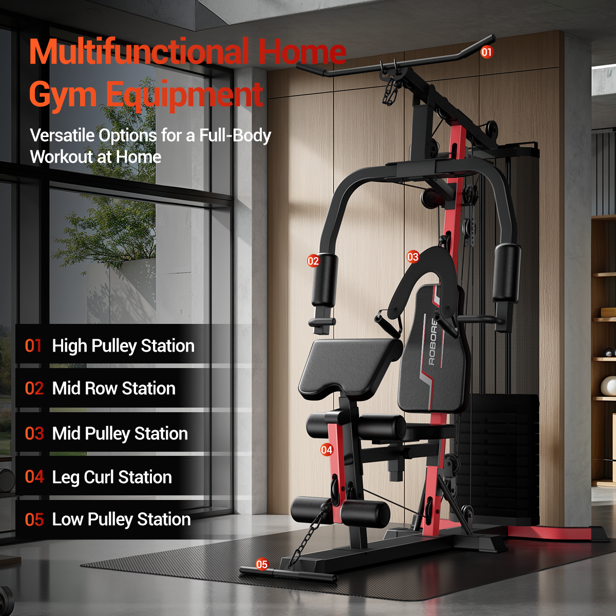 Multifunctional home gym equipment with various stations in a modern living room.