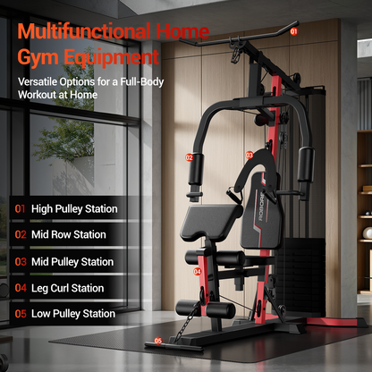 Multifunctional home gym equipment with various stations in a modern living room.