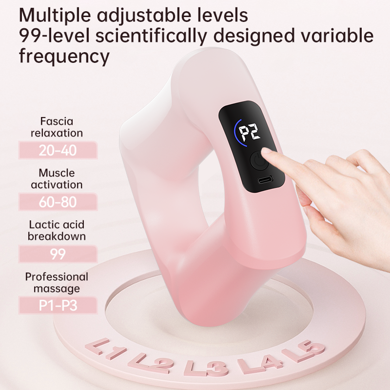 Pink electronic device with digital display and text about adjustable levels and frequency on a light pink background.