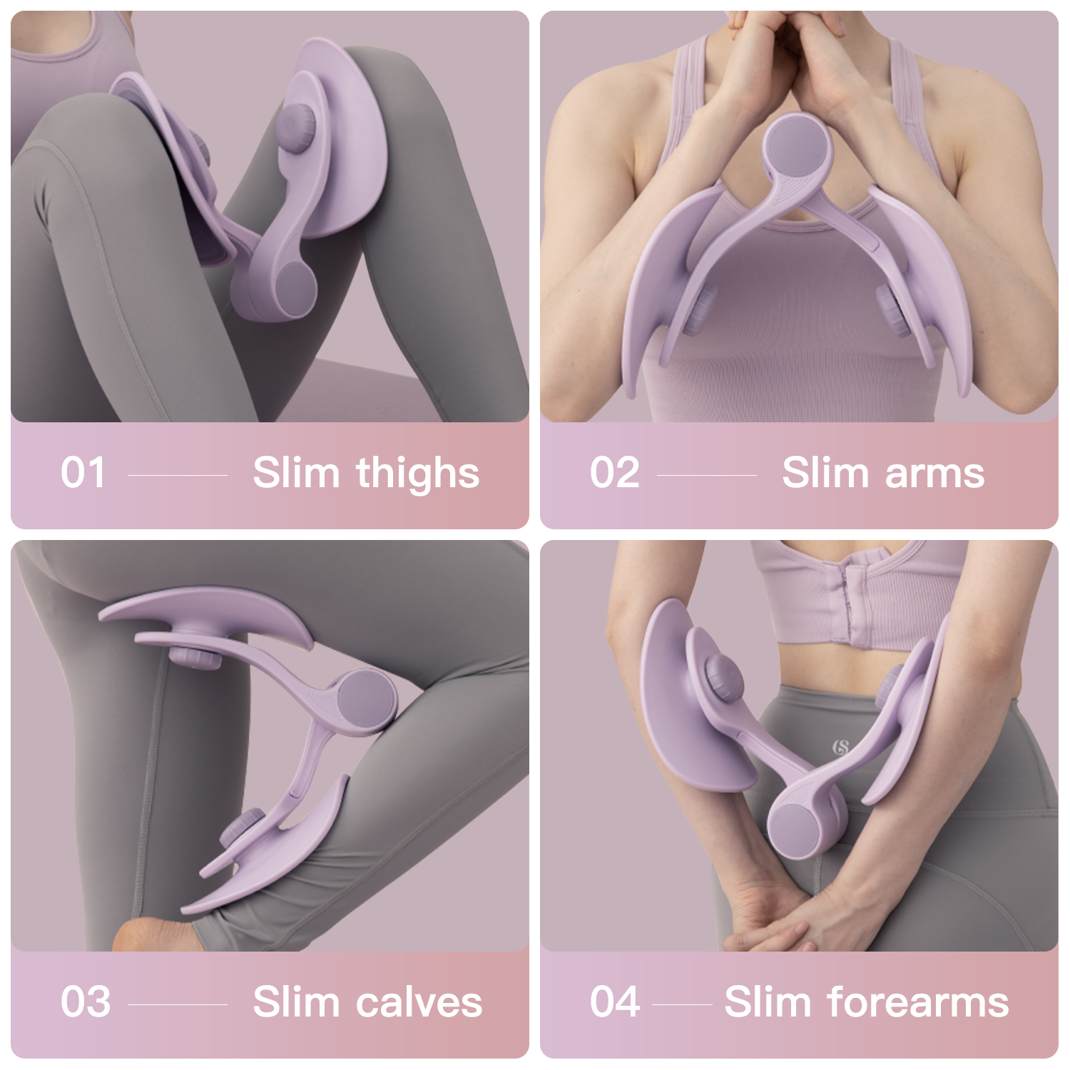 Product showing its use on different parts of the body with labeled effects on a pink background.