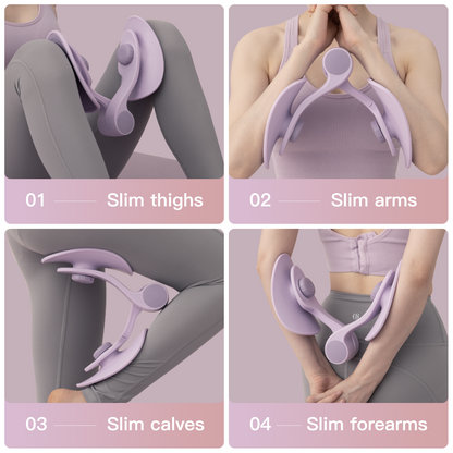 Product showing its use on different parts of the body with labeled effects on a pink background.