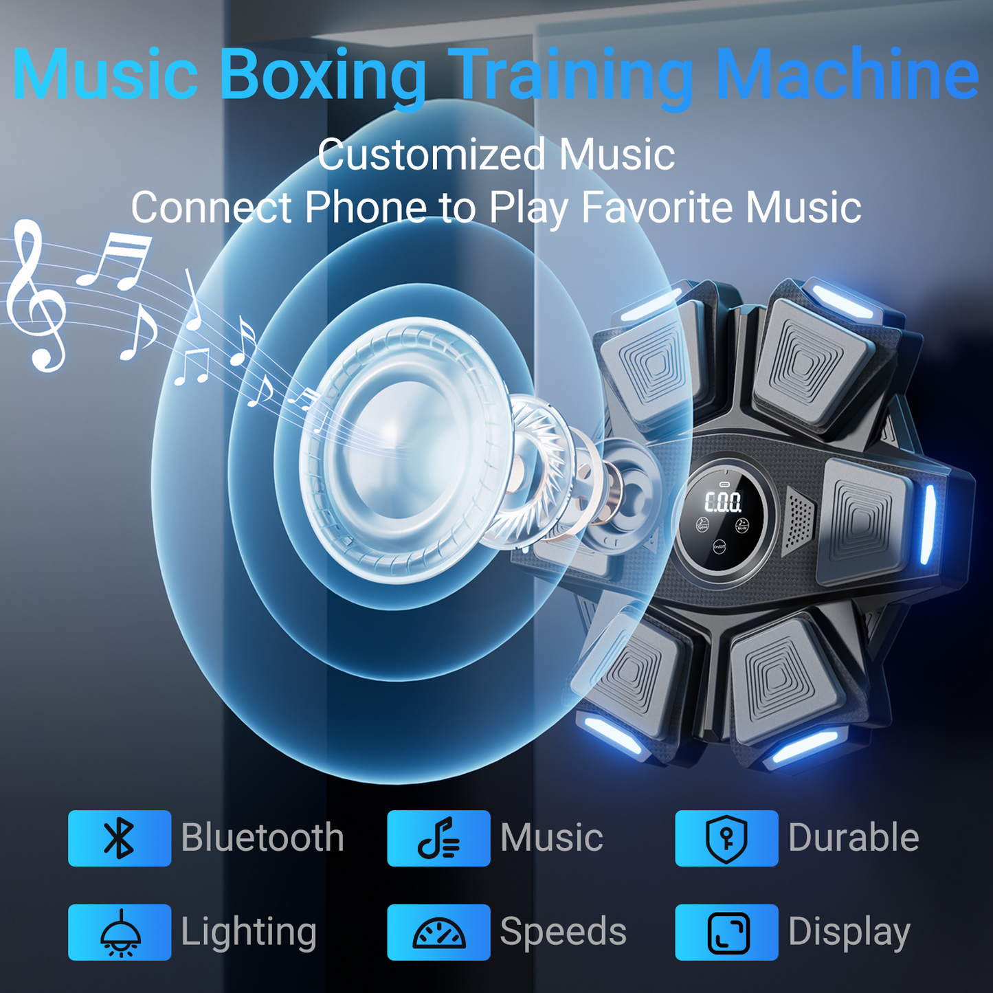 Music boxing training machine with Bluetooth, music, durability, lighting, speed, and display features.