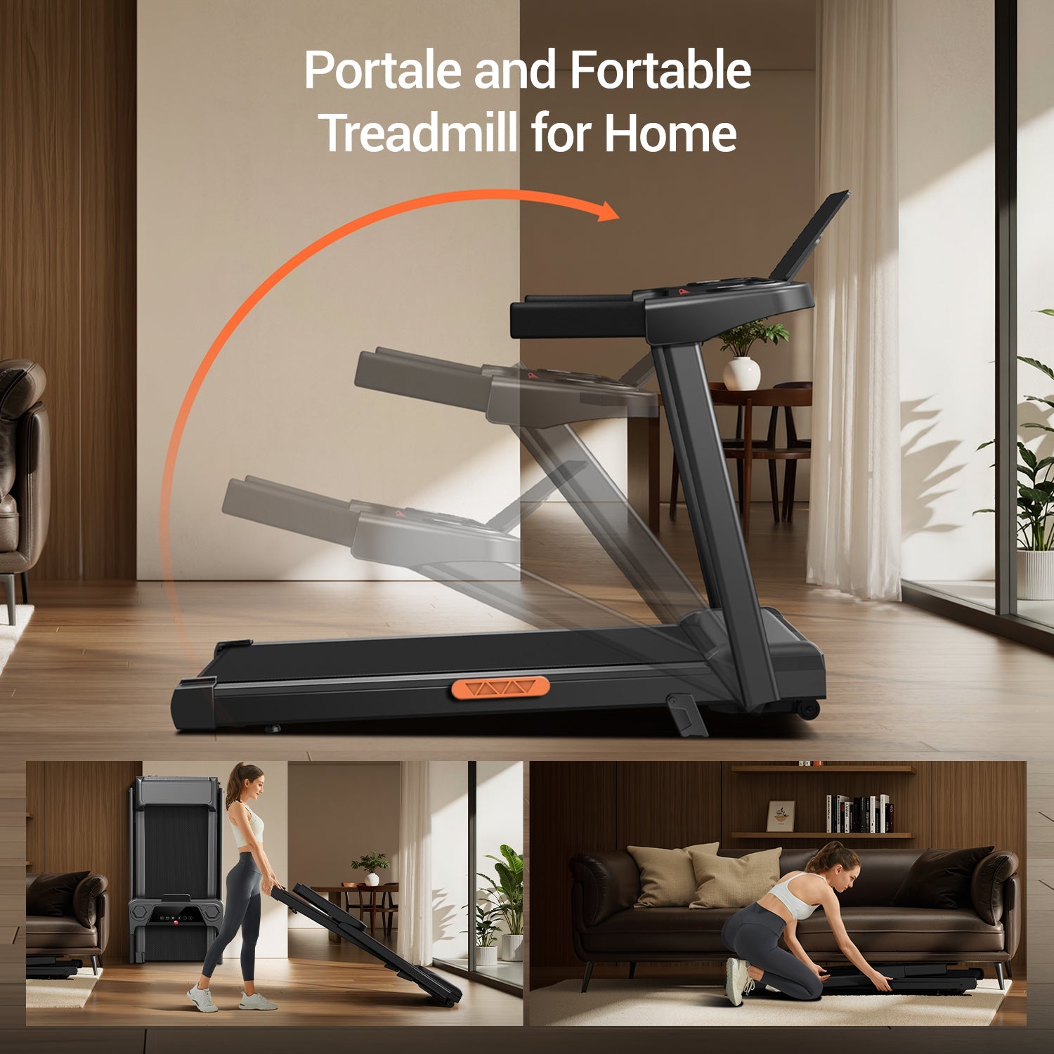 Portable treadmill being used in a home setting with text indicating its portability.