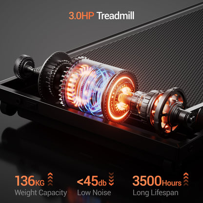 Treadmill motor with glowing components on a dark background, featuring specifications.