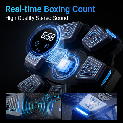Digital boxing glove with real-time boxing count and high-quality stereo sound on a dark background.