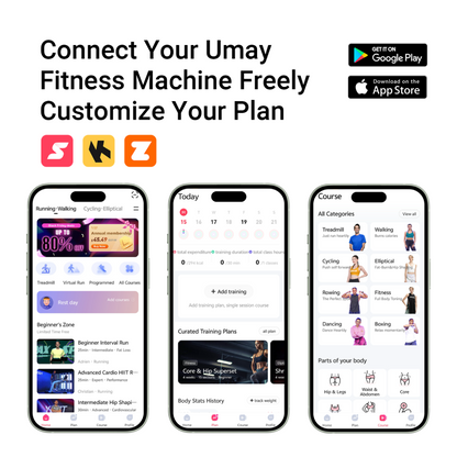 Umay fitness machine app interface with smartphone screens displaying app features.