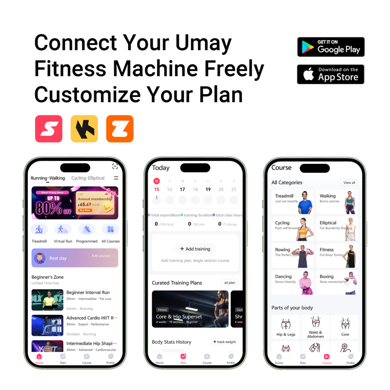 Umay fitness machine app interface with smartphone screens displaying app features.