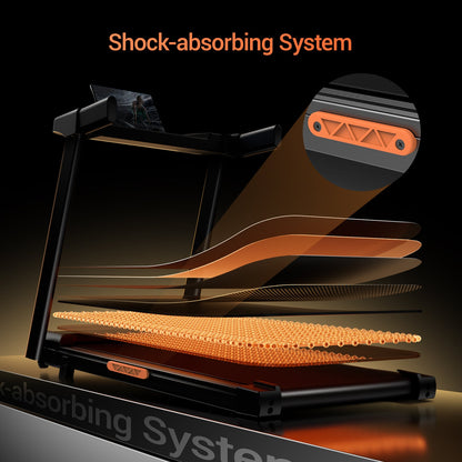 Treadmill with shock-absorbing system highlighted on a dark background