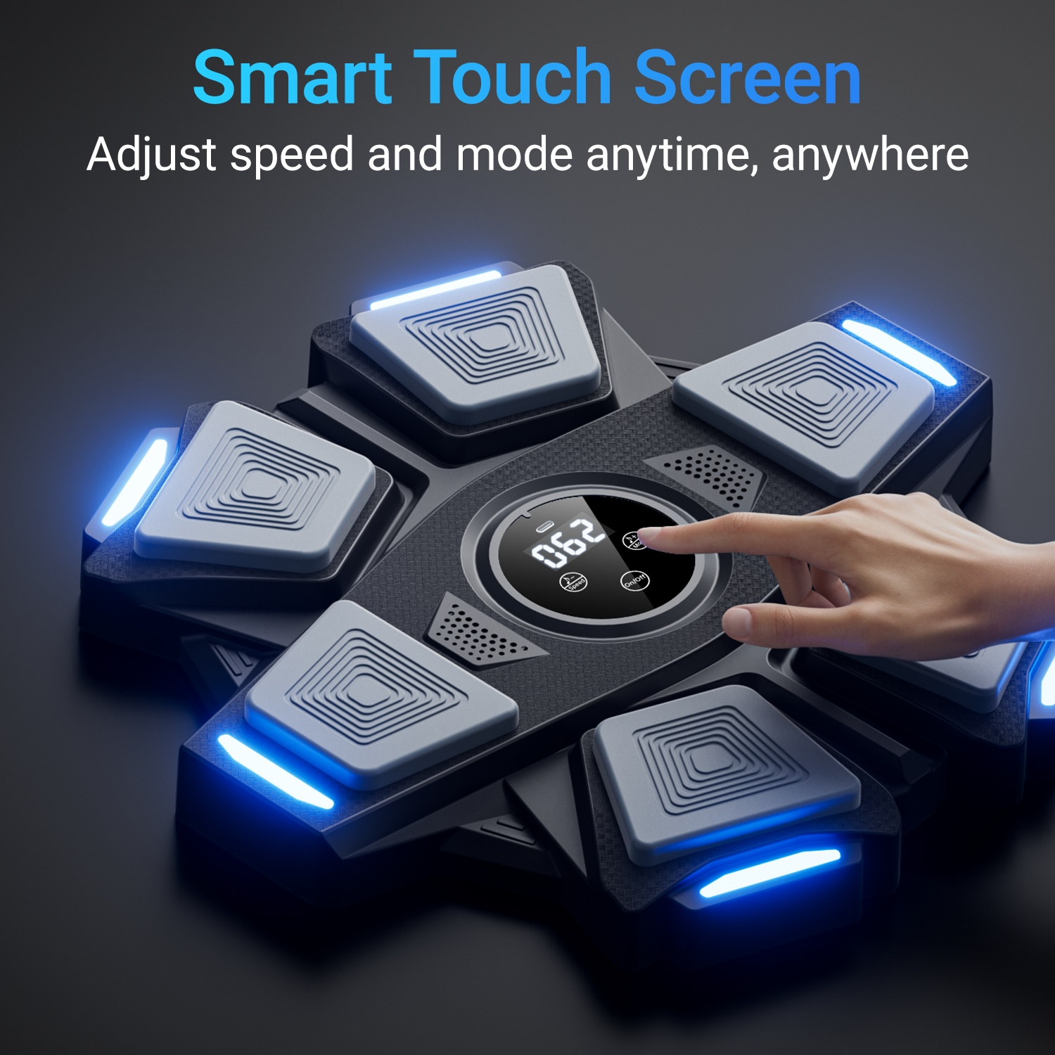 Control panel with smart touch screen and hand interacting with it on a dark background