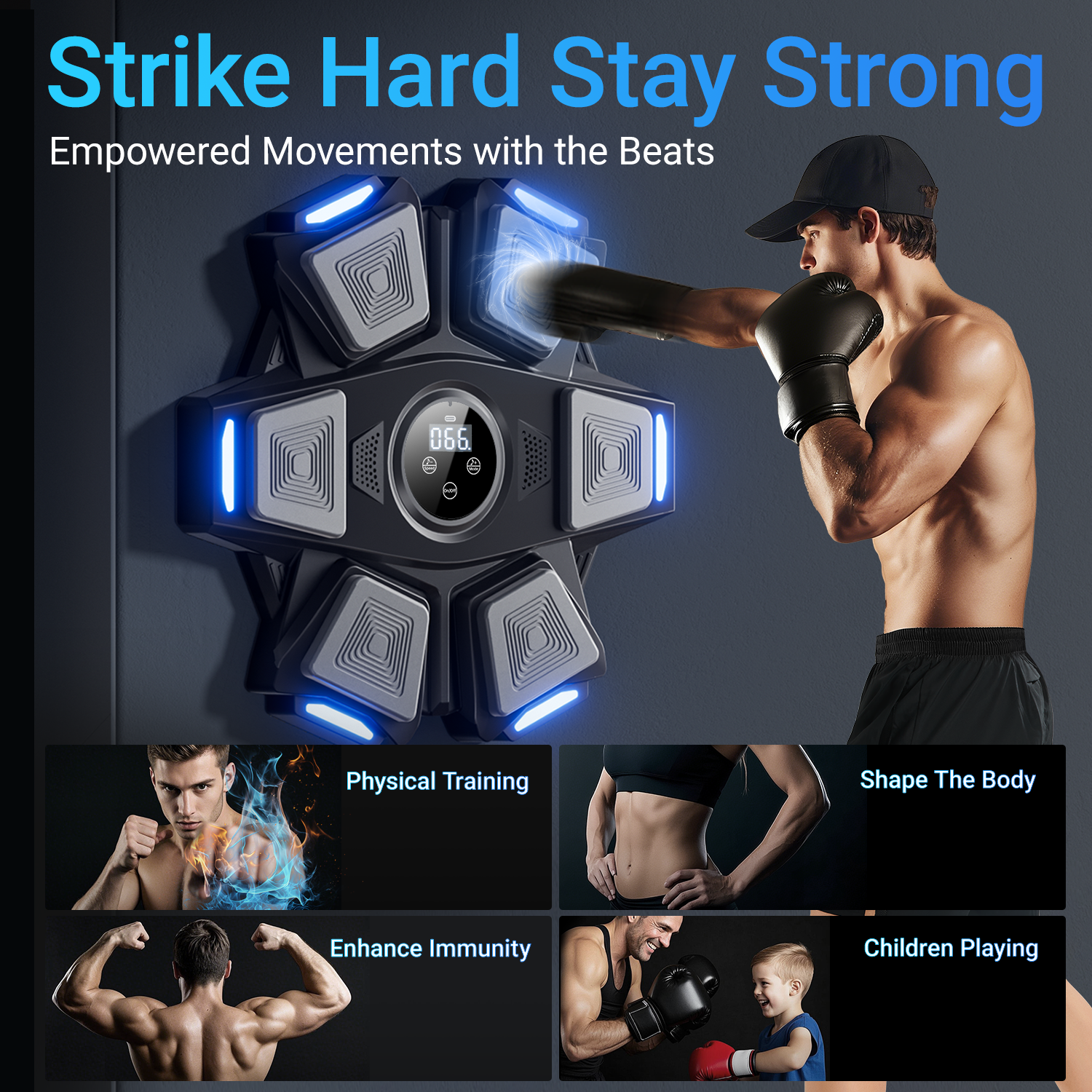 Man using a fitness device with text 'Strike Hard Stay Strong' and images of physical benefits.