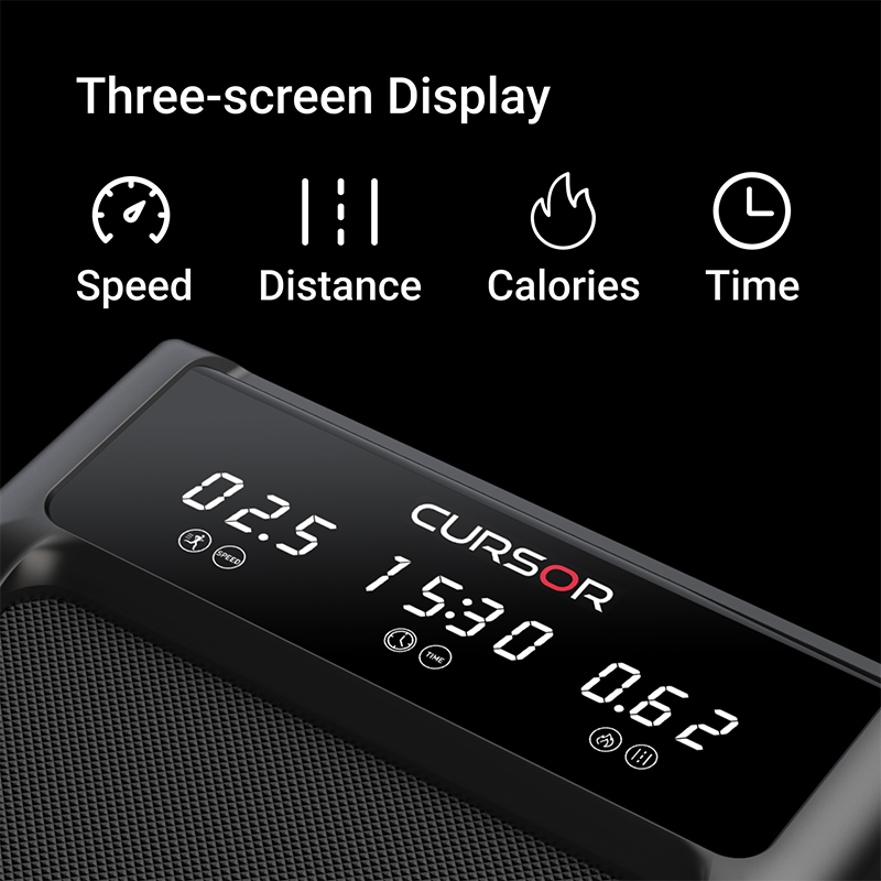 Digital display with three-screen indicators for speed, distance, calories, and time on a black background.