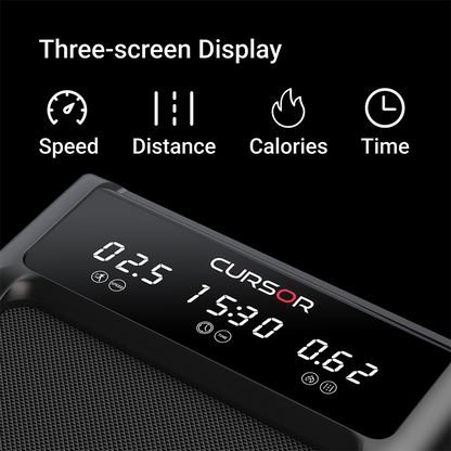 Digital display with three-screen indicators for speed, distance, calories, and time on a black background.