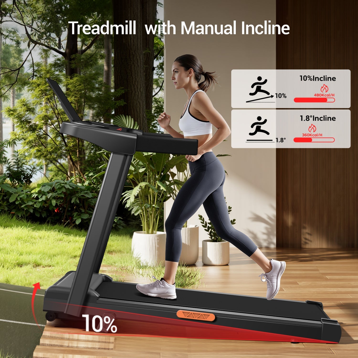 Woman using a treadmill with manual incline settings outdoors.