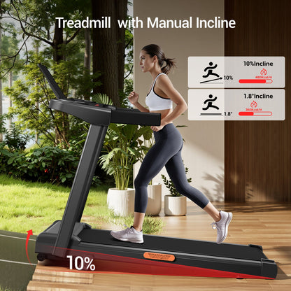 Woman using a treadmill with manual incline settings outdoors.
