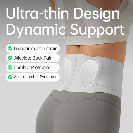 Back support belt with text highlighting features on a gray background