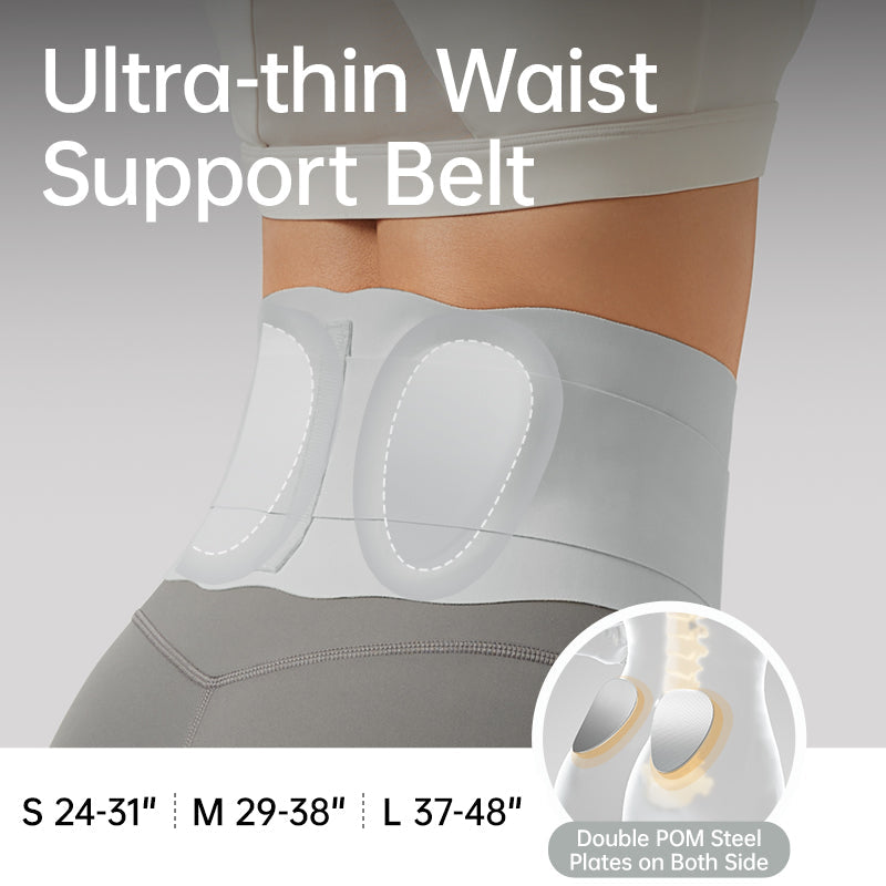 Gray waist support belt with text indicating size range and features on a gray background