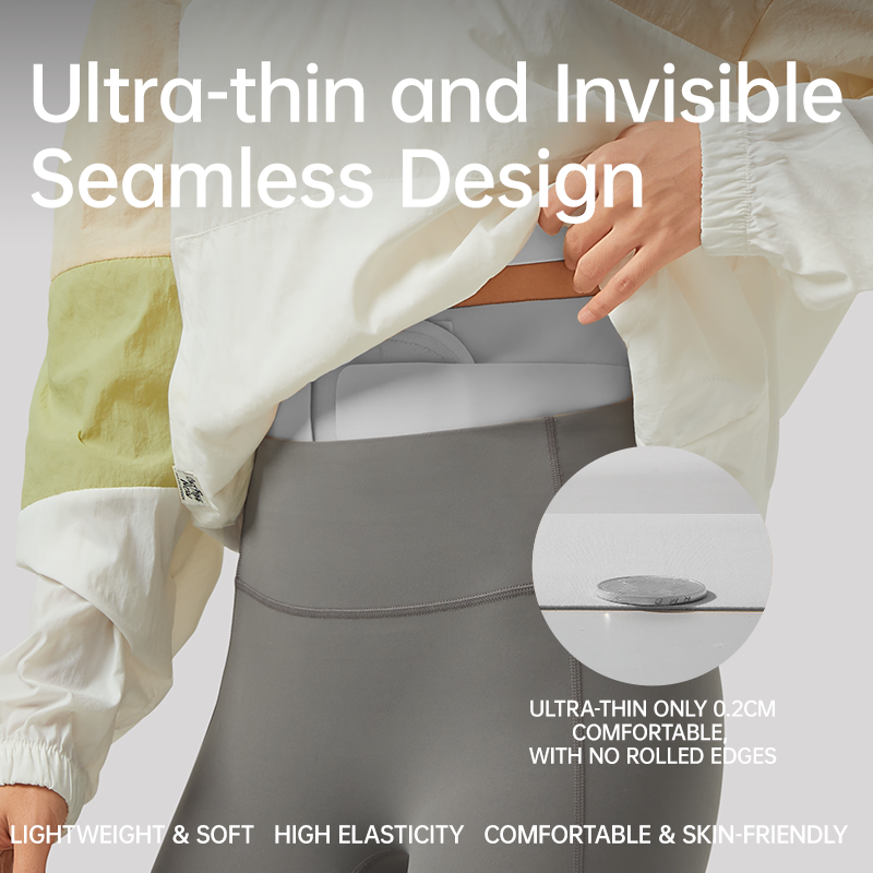 Person wearing a gray garment with text highlighting ultra-thin and invisible design.