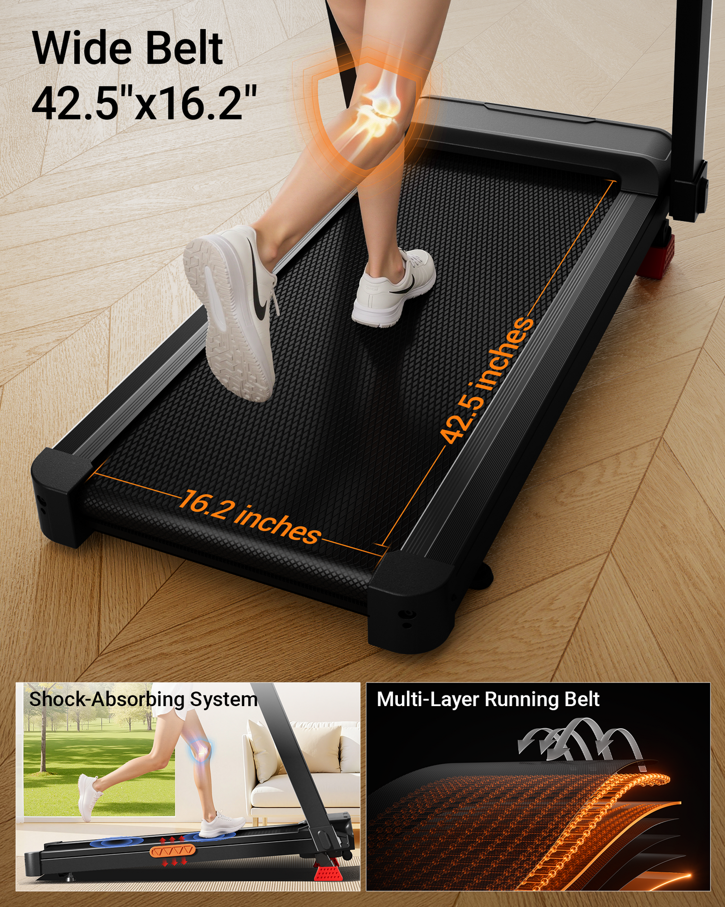 Portable treadmill with a wide belt on a wooden floor, showing a person using it.