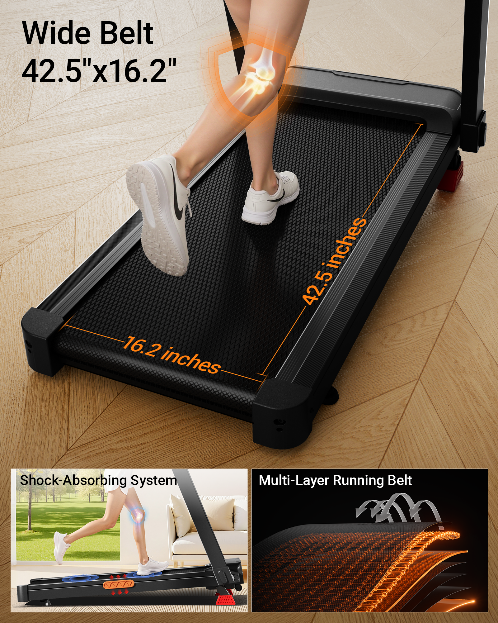 Portable treadmill with a wide belt on a wooden floor, showing a person using it.