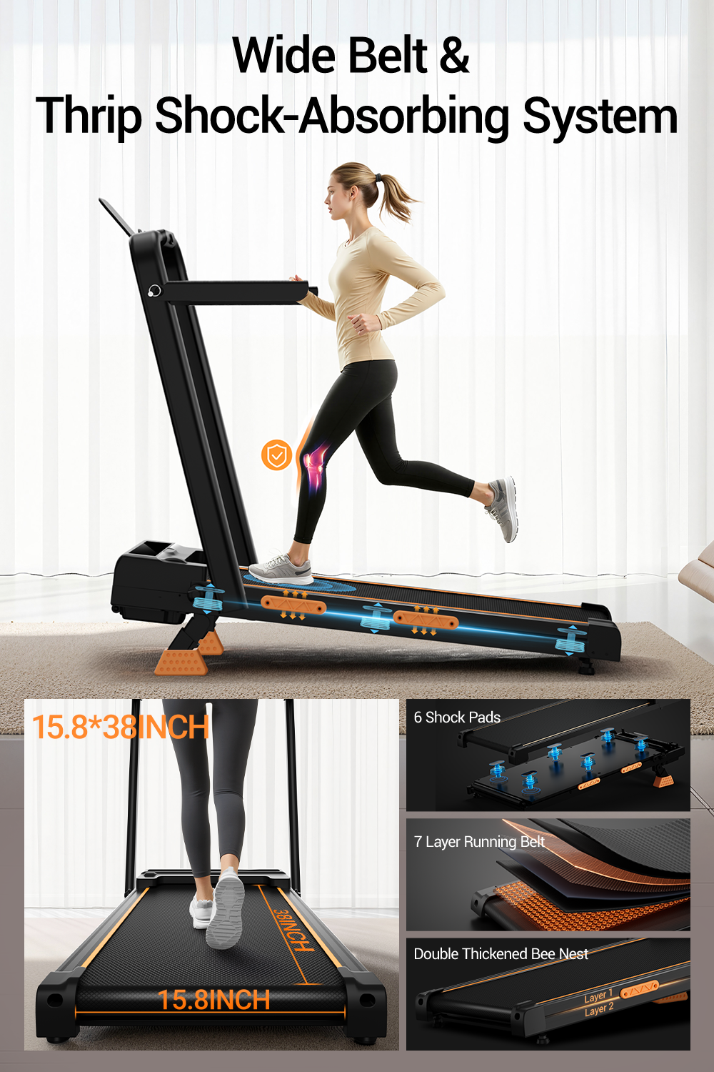 Treadmill with wide belt and thrip shock-absorbing system, featuring a woman running on it.