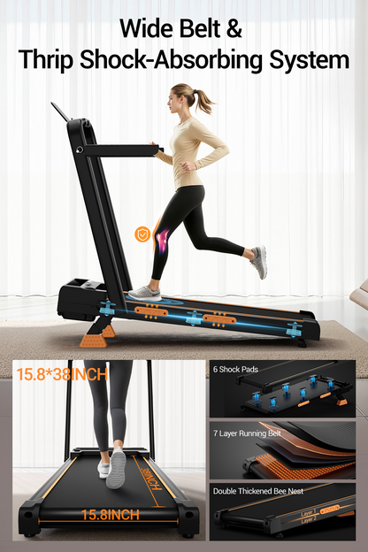 Treadmill with wide belt and thrip shock-absorbing system, featuring a woman running on it.