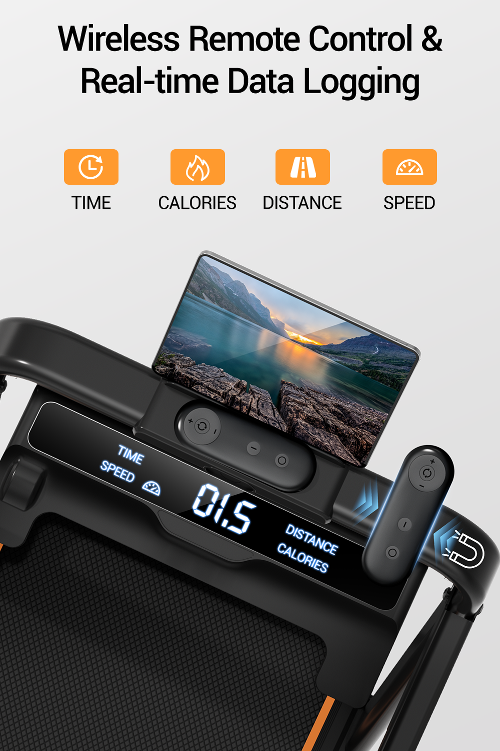 Wireless remote control with digital display for monitoring time, calories, distance, and speed on a screen.