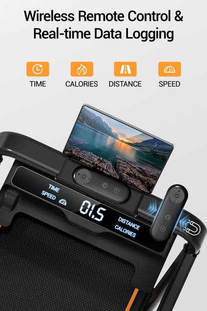 Wireless remote control with digital display for monitoring time, calories, distance, and speed on a screen.